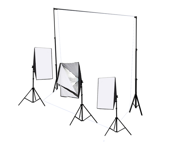 Three Head 750W Continuous Softbox Kit with Studio Backdrop