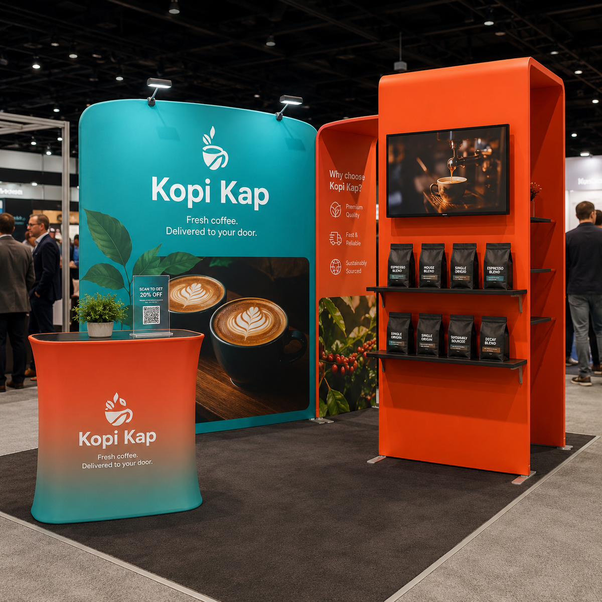 3x3m Booth Kit with Sloped & Square Arches, TV Mount & Counter