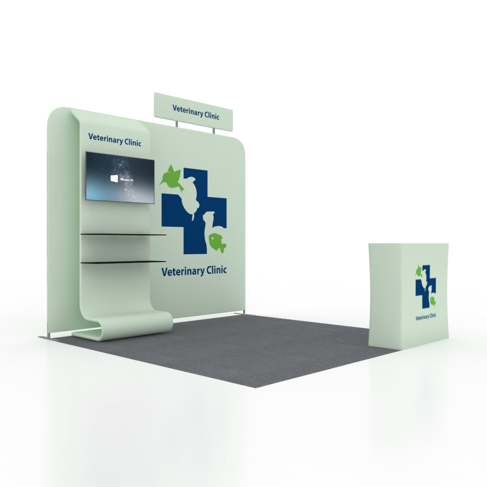 3x3m Booth Kit with Straight Wall, Waterfall TV Shelf & Counter