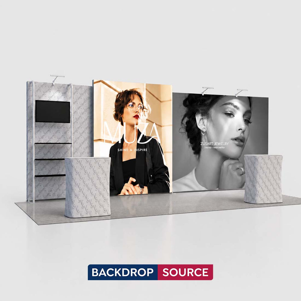 3x6m Backlit SEG Booth Kit with TV Shelving & 2 LED Counters