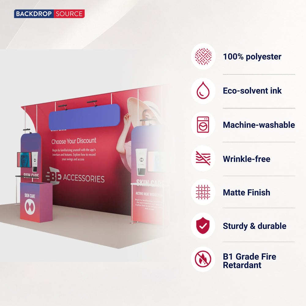 6x3m Booth Kit with Curved Towers, Shelving & Hanging Sign