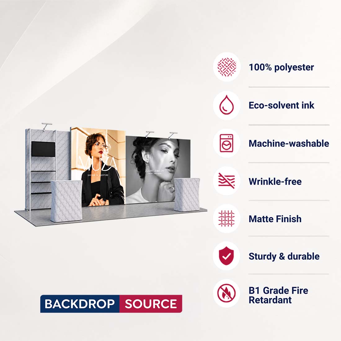 3x6m Backlit SEG Booth Kit with TV Shelving & 2 LED Counters
