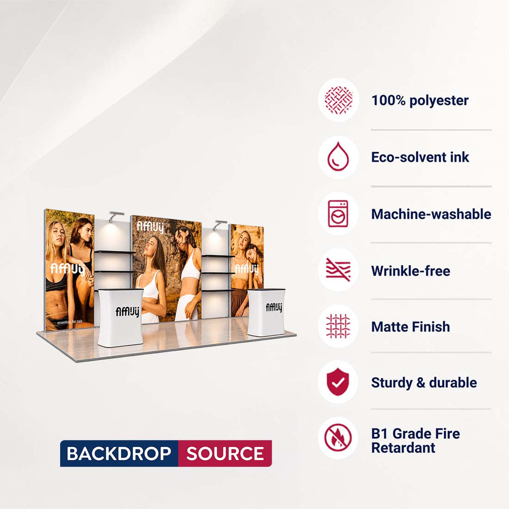 3x6m Triple Backlit SEG Booth Kit with Shelving & LED Counters
