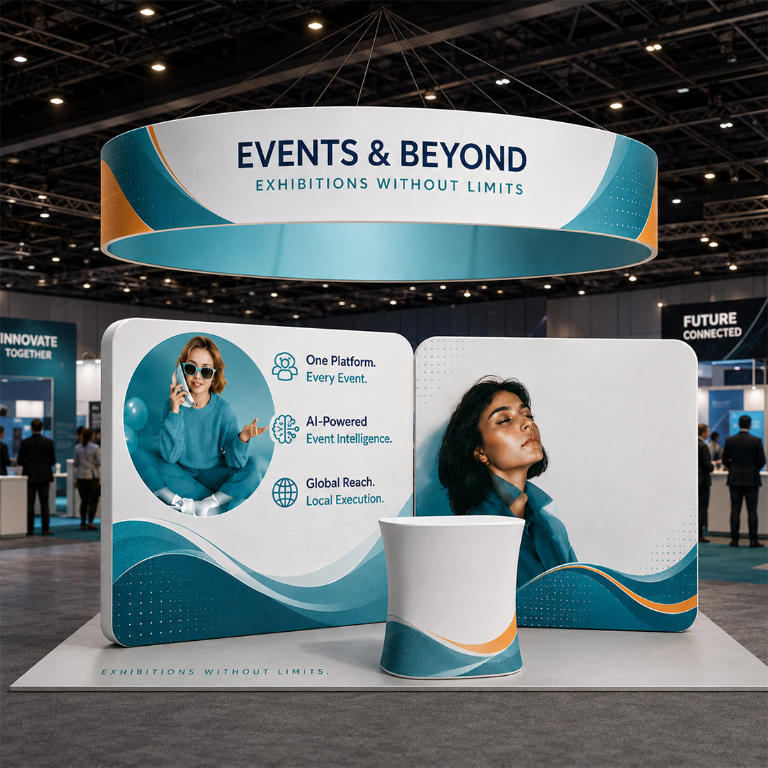 6x6m Island Booth with 3D Fabric Walls & Circular Hanging Sign