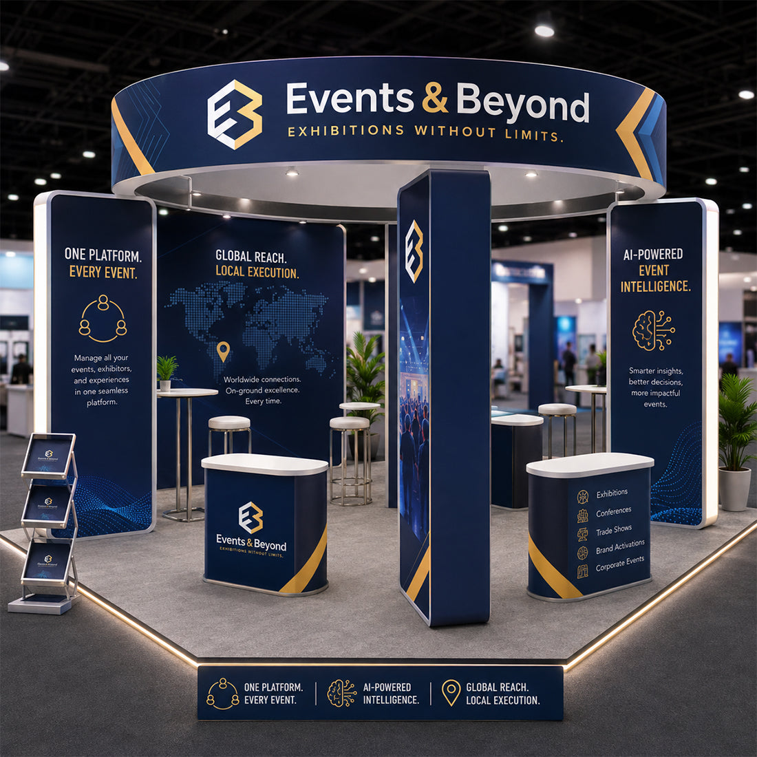 6x6m Island Booth with 3D Media Walls & 3 Counters