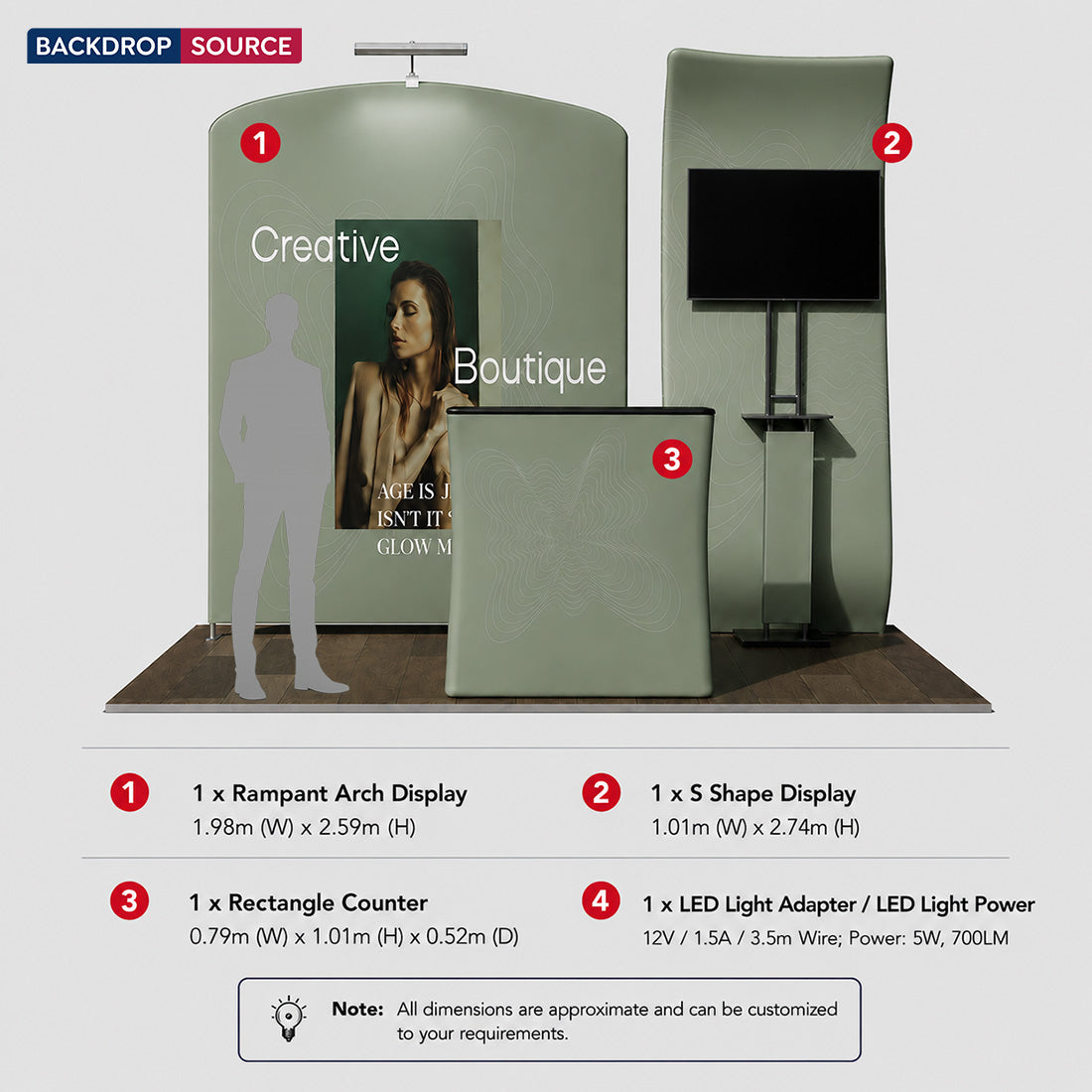3x3m Booth Kit with S-Curve Wall & Sloped Arch, Counter & TV