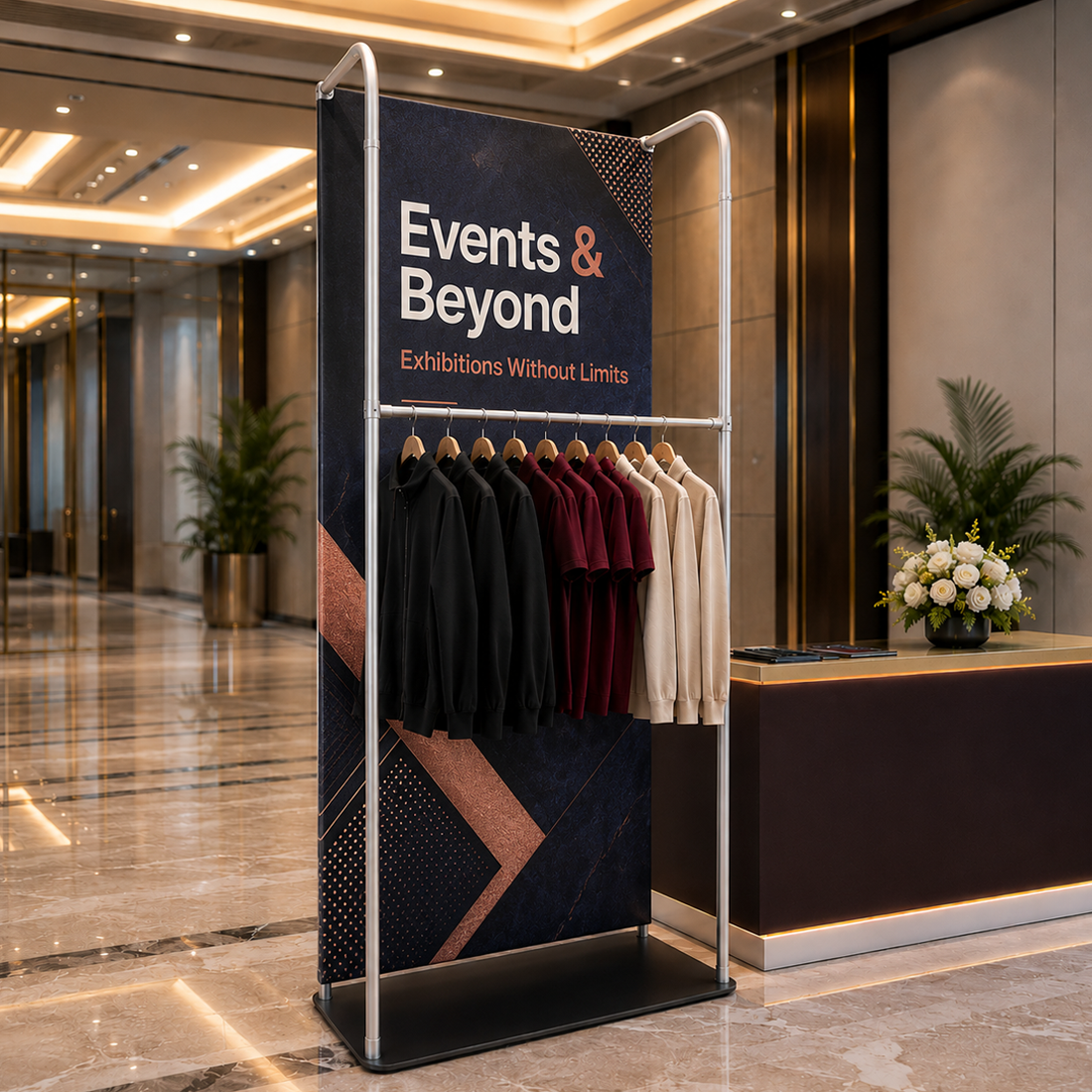 Tension Fabric Stand With Hanging Rail
