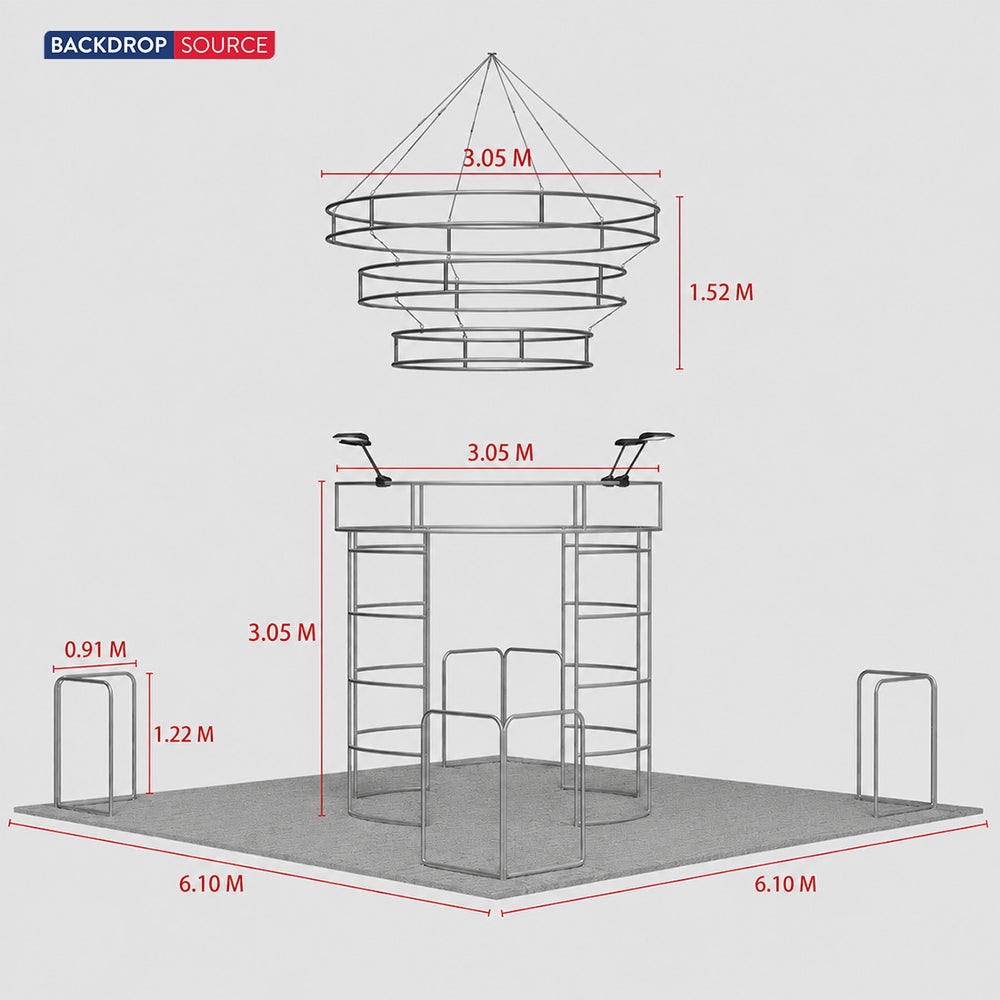 6x6m Island Booth with 360 Photo Booth & Tiered Hanging Sign