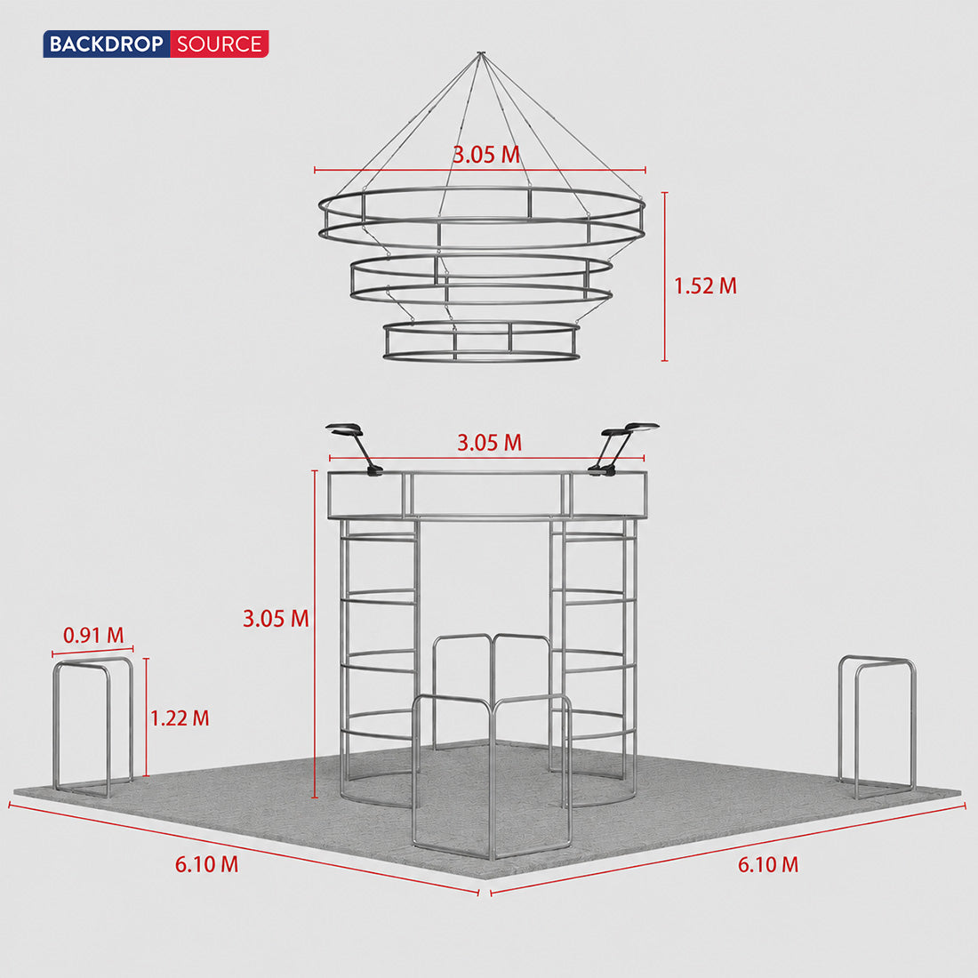 6x6m Island Booth with 360 Photo Booth & Tiered Hanging Sign