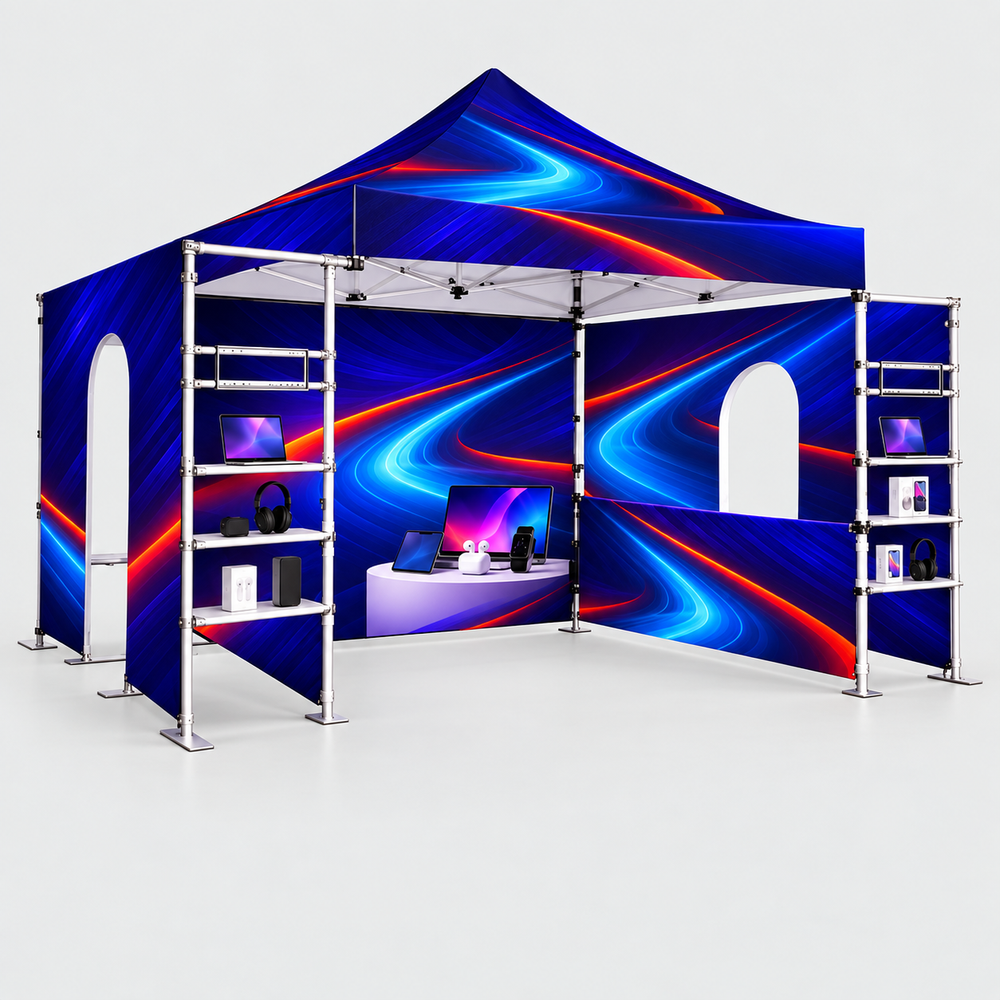3m x 3m Fabric Canopy Kit A6 with Dual Arch Doorways & Quad Display Shelving