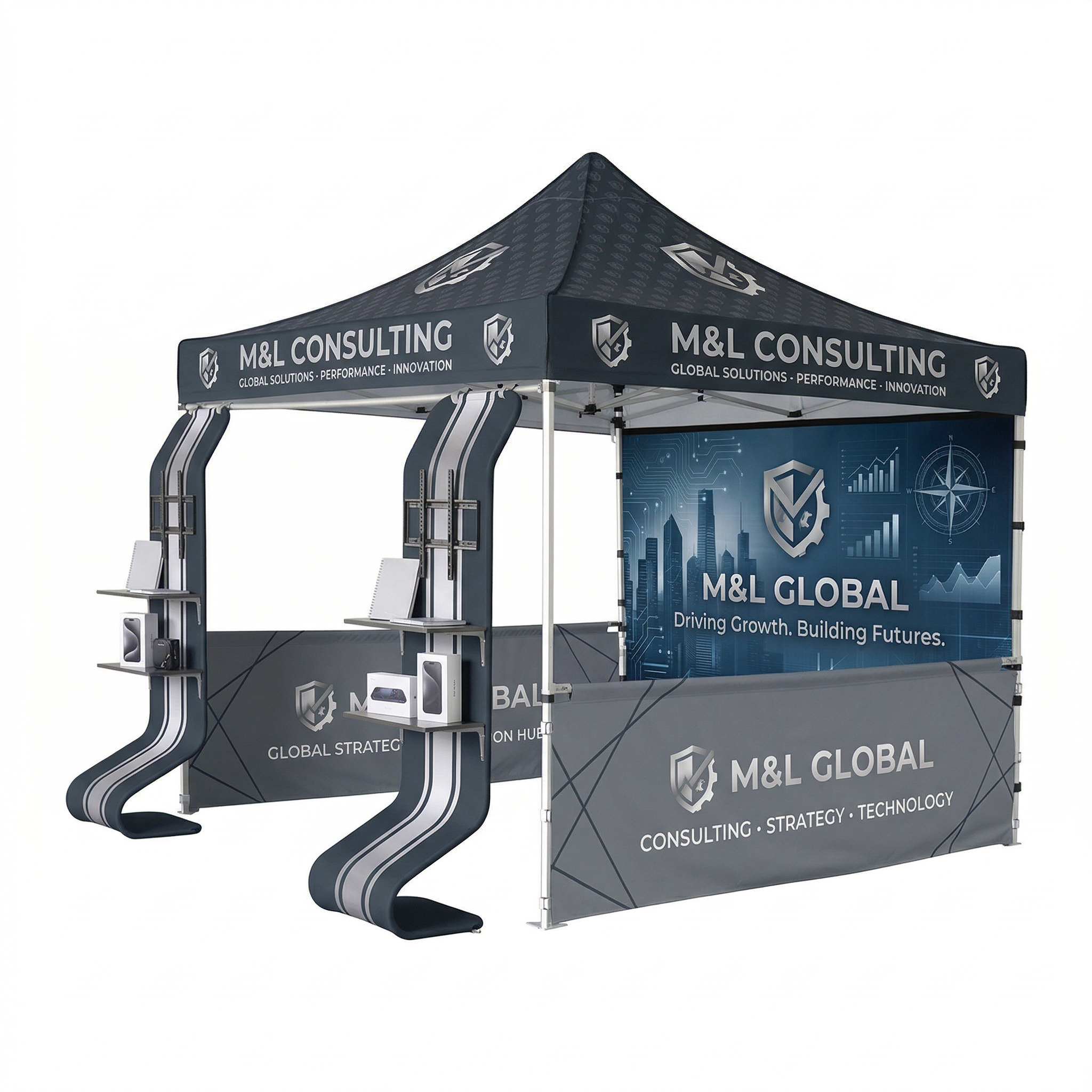 3m x 3m Fabric Canopy Kit with Waterfall Shelves & TV Mounts