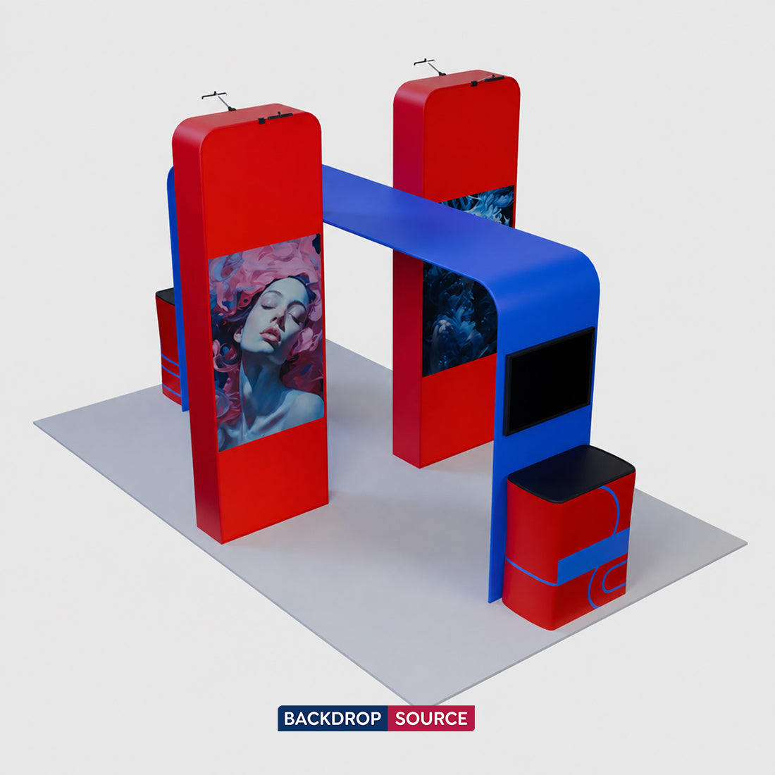 6x3m Booth Kit with 3D Media Walls, Square TV Arch & 2 Counters