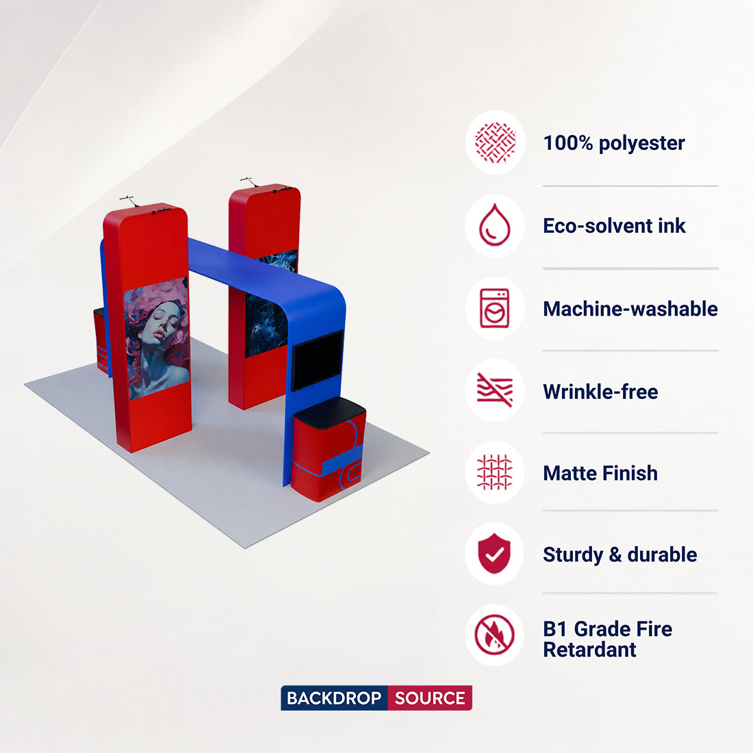 6x3m Booth Kit with 3D Media Walls, Square TV Arch & 2 Counters