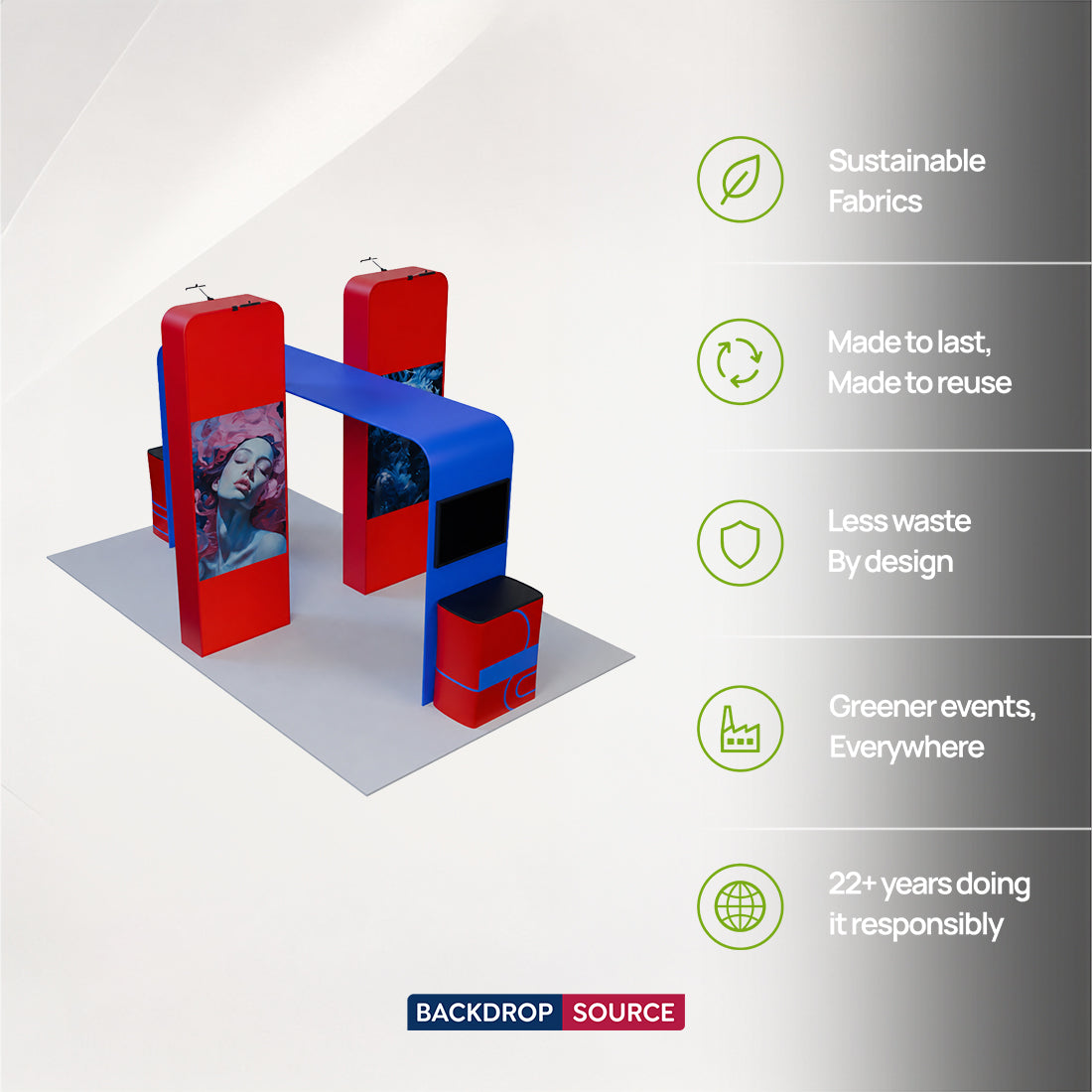 6x3m Booth Kit with 3D Media Walls, Square TV Arch & 2 Counters