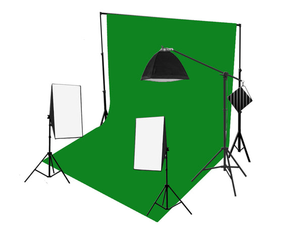 3 Head 750W Continuous Softbox Studio Lighting With Studio Backdrop & Boom Arm Equipment Kit