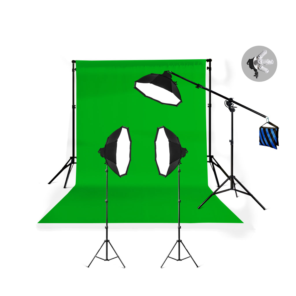 3 Head Powerful 5 Lamp Video Lighting Kit Equipment With Chromakey Backdrop And Support System with boom arm