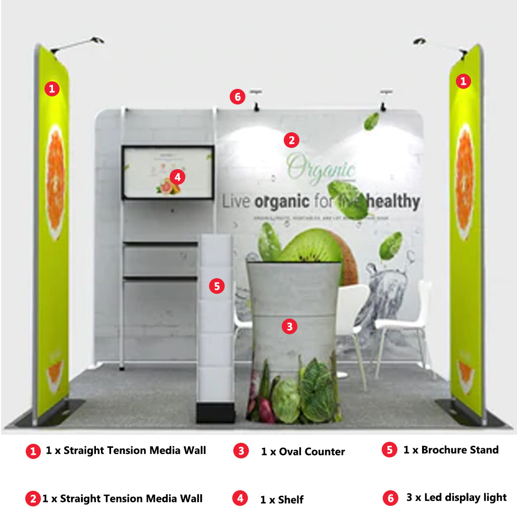 3x3m Booth Kit with Backwall, 2 Banners, TV Shelf & Oval Counter