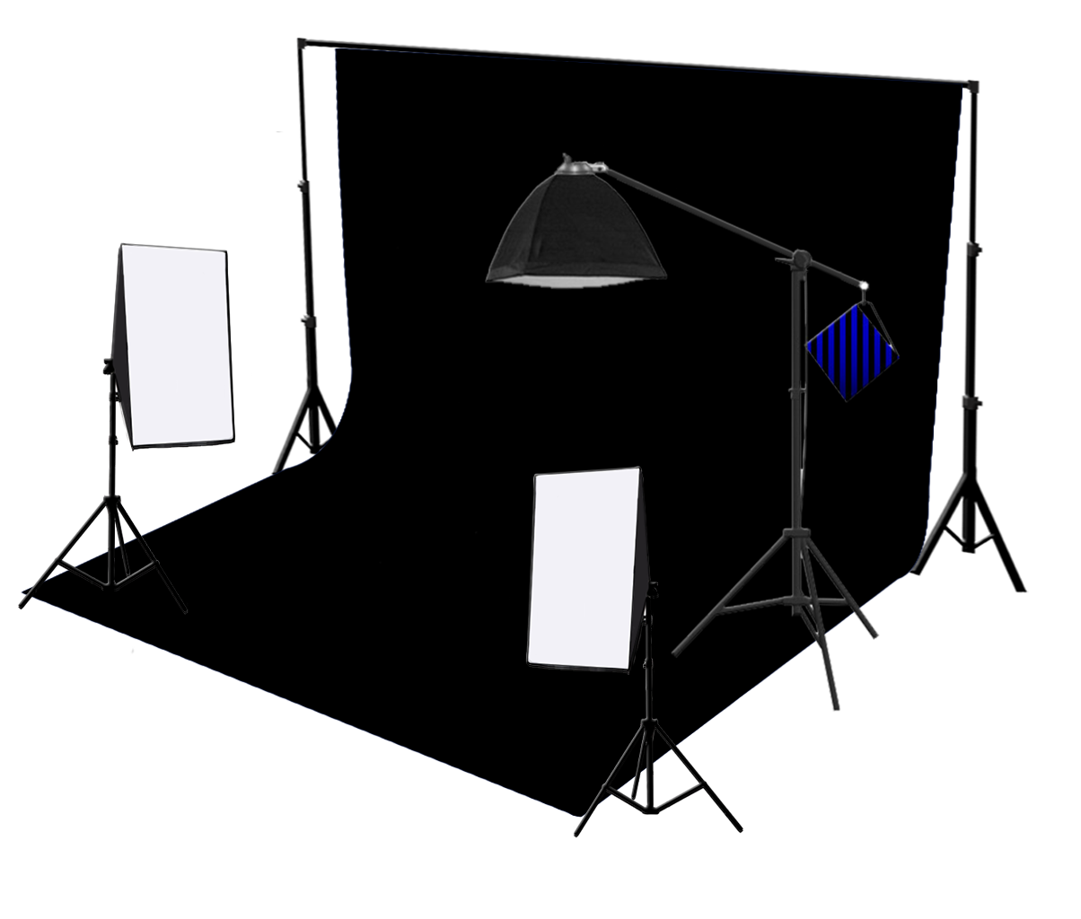 3 Head 750W Continuous Studio Softbox Equipment Kit With Studio Backdrop & Boom Arm