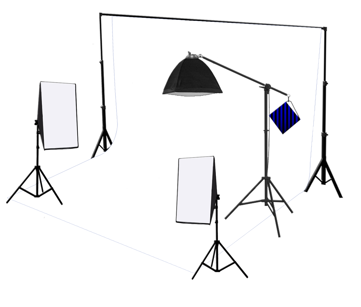 3 Head 750W Continuous Studio Softbox Equipment Kit With Studio Backdrop & Boom Arm